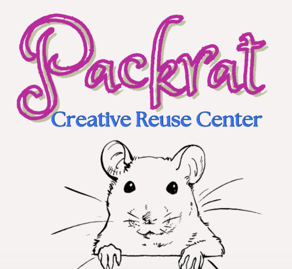 Packrat's logo shows a black line drawing of a friendly packrat's head and upper body below a pink script "Packrat" and blue text "Creative Reuse Center"